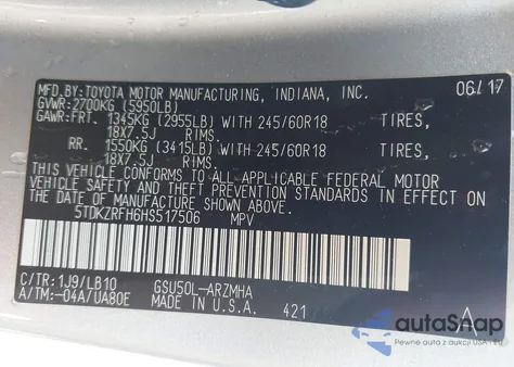 2017 Toyota Highlander Xle from USA, damaged, VIN 5TDKZRFH6HS517506